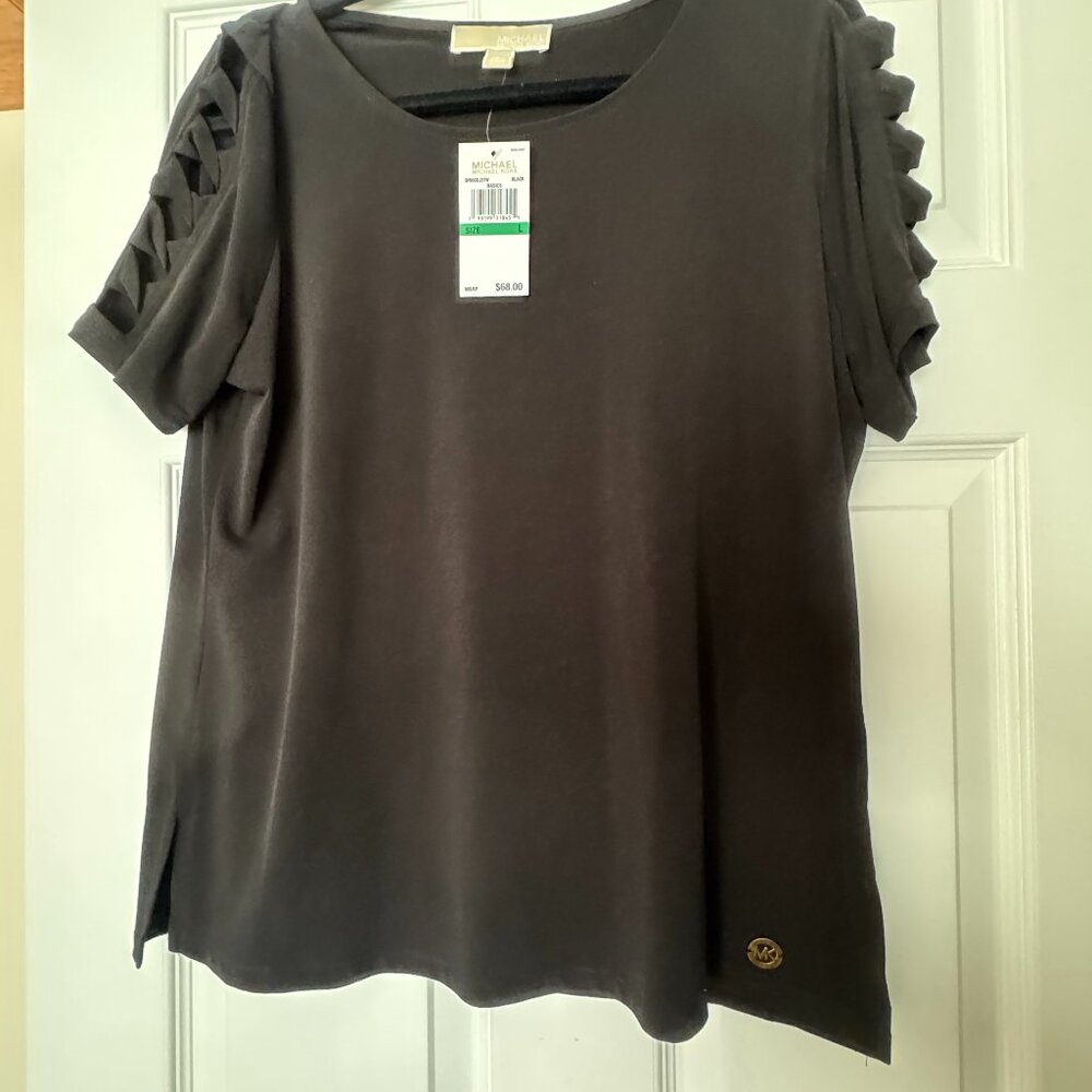 MICHAEL KORS NWT BLACK BRAIDED SHORT SLEEVE TOP LARGE